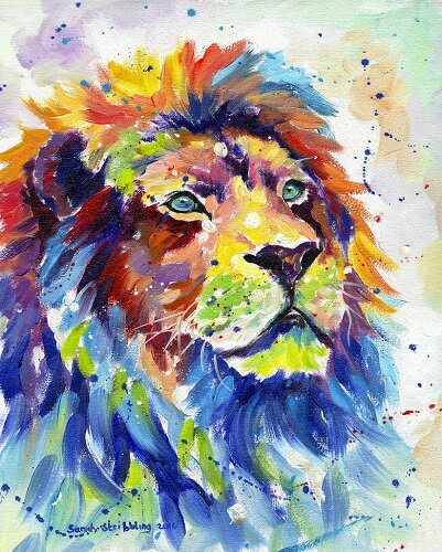 【Sarah Stribbling アートポスター】COLORFUL AFRICAN LION(635×508mm) -おしゃれインテリアに-(余白カット済みポスター) 動物 ライオン