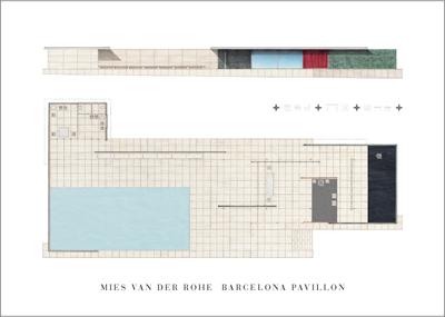 【 ミース・ファン・デル・ローエ アートポスター】バルセロナパビリオン(50cm×70cm) - おしゃれなインテリアに - | 建築 デザイン
