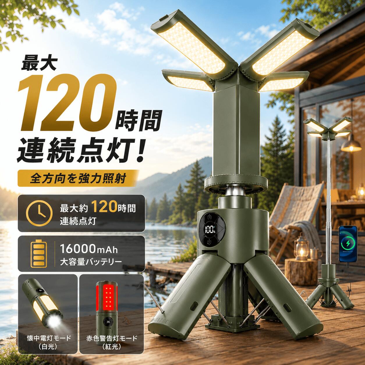 【激アツ価格☆クーポンで7,990円】 LEDランタン 120時間連続点灯 LED ランタン 16000mAh キャンプランタン 3600lm 超高輝度 充電式 大容量 モバイルバッテリー IPX6防水 ライト フラッシュライト 6WAY 95cm伸縮 懐中電灯 折り畳み式 マグネット式 SOS 防災 アウトドア artpiece-10000491 ARTPIECE パッケージ画像