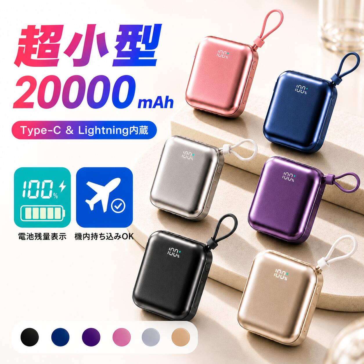 【先着20名限定クーポン⇒2,576円】 モバイルバッテリー 20000mAh 大容量 軽量 小型 急速充電 22.5W Type-C Lightning ケーブル内蔵 PD..