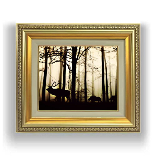 【油絵 直筆仕上げ】森林、霧のシルエット　 F3サイズ 額入り　【キャンバス・額縁】　油彩　風景画　オリジナルインテリア絵画　風水画　418×366mm　複製画 送料無料 プレゼント ギフト 開店祝い 開業祝い 退職祝い 新築祝い リビング 玄関 モダン 壁掛け