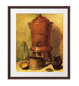 【油絵 直筆仕上げ】シャルダン 銅製の貯水器 アートフレーム サイズ 額入りL：ブラウン 【油彩 布キャ..