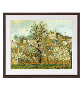 【油絵 直筆仕上げ】カミーユ・ピサロ ポントワーズの花咲く菜園、春 アートフレーム サイズ 額入りL：ブラウン 【油彩 布キャンバス 国内生産】 絵画 販売 風景画 651×541mm 複製画 送料無料