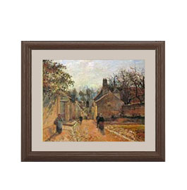 【油絵 直筆仕上げ】カミーユ・ピサロ ルーヴシエンヌのヴォワザン通り アートフレーム サイズ 額入りS：ブラウン 【油彩 布キャンバス 国内生産】 絵画 販売 風景画 321×271mm 複製画 送料無料