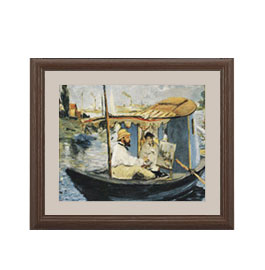 【油絵 直筆仕上げ】マネ 舟の中のアトリエで制作中のモネ アートフレーム サイズ 額入りS：ブラウン 【油彩 布キャンバス 国内生産】 絵画 販売 風景画 321×271mm 複製画 送料無料