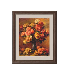 【油絵 直筆仕上げ】ルノワール バラの花瓶(2) アートフレーム サイズ 額入りS：ブラウン 【油彩 布キ..