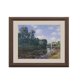 【油絵 直筆仕上げ】シスレー ロワン、川の畔 アートフレーム サイズ 額入りS：ブラウン 【油彩 布キャ..