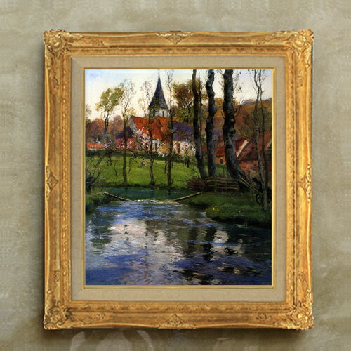 【油絵 直筆仕上げ】フリット・タヴロー 川沿いの旧教会 F10 【額入り】 絵画 販売 10号 油彩 風景画 671×597mm 複製画 送料無料 プレゼント ギフト 開店祝い 開業祝い 退職祝い 新築祝い リビング 玄関 モダン アートフレーム 壁掛け