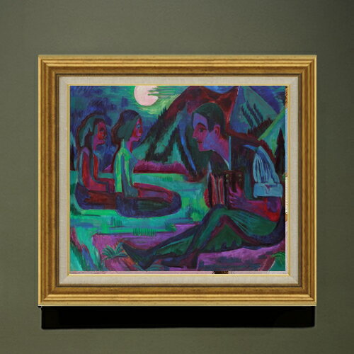 【油絵 直筆仕上げ】キルヒナー 夜の月、月光のアコーディオン奏者 F10 【アップグレード額】 絵画 販売 10号 油彩 抽象画 681×607mm 複製画 送料無料 プレゼント ギフト 開店祝い 開業祝い 退職祝い 新築祝い リビング 玄関 モダン アートフレーム 壁掛け