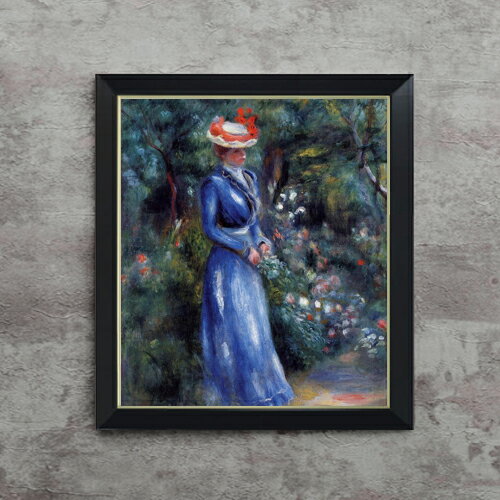 【油絵 直筆仕上げ】ルノワール 青いドレスの女、サン＝クルーの庭にて F10 【シンプルフレーム】 絵画..