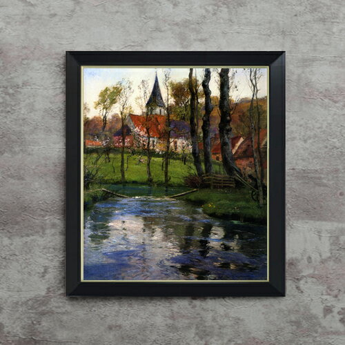 【油絵 直筆仕上げ】フリット・タヴロー 川沿いの旧教会 F10 【シンプルフレーム】 絵画 販売 10号 油彩 風景画 560×485mm 複製画 送料無料 プレゼント ギフト 開店祝い 開業祝い 退職祝い 新築祝い リビング 玄関 モダン アートフレーム 壁掛け