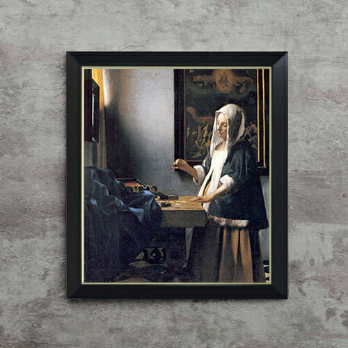 【油絵 直筆仕上げ】フェルメール 天秤を持つ女 F10 【シンプルフレーム】 絵画 販売 10号 油彩 人物画 560×485mm 複製画 送料無料 プレゼント ギフト 開店祝い 開業祝い 退職祝い 新築祝い リビング 玄関 モダン アートフレーム 壁掛け