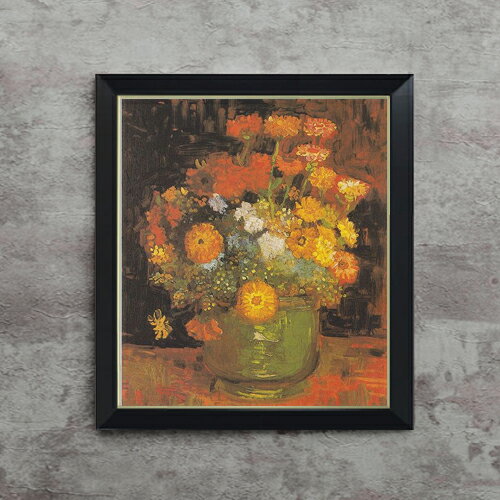 【油絵 直筆仕上げ】ゴッホ ヒャクニチソウのある花瓶 F10 【シンプルフレーム】 絵画 販売 10号 油彩 静物画 560×485mm 複製画 送料無料 プレゼント ギフト 開店祝い 開業祝い 退職祝い 新築祝い リビング 玄関 モダン アートフレーム 壁掛け