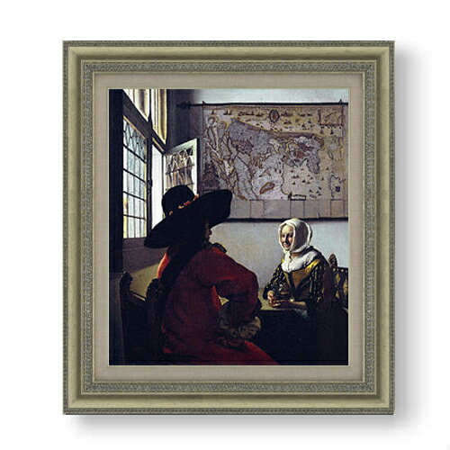 【油絵 直筆仕上げ】フェルメール 士官と笑う娘 F10 【額入り】 絵画 販売 10号 油彩 人物画 677×603mm..