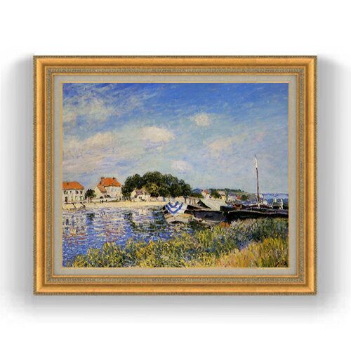 【油絵 直筆仕上げ】シスレー セーヌ・エ・マルヌの畔 F15 【油彩 国内生産 インテリア】絵画 販売 15号 風景画 ゴールド額縁 800×678m..