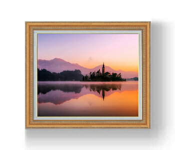 【油絵 直筆仕上げ】スロベニア,日の出の教会 F15サイズ 額入り 【額入り】 油彩 風景画 オリジナルイ..