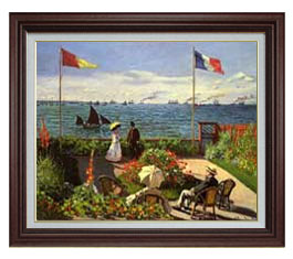 【油絵 直筆仕上げ】クロード・モネ サンタドレスのテラス F15 【油彩 国内生産 インテリア】絵画 販売 15号 風景画 ブラウン額縁 800×678mm 複製画 送料無料 プレゼント ギフト 開店祝い 開業祝い 退職祝い 新築祝い リビング 玄関 モダン 壁掛け