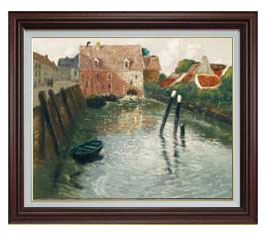Rakuten - 【油絵 直筆仕上げ】フリット・タヴロー 水車のある運河 F15 【油彩 国内生産 インテリア】絵画 販売 15号 風景画 ブラウン額縁 800×678mm 複製画 送料無料 プレゼント ギフト 開店祝い 開業祝い 退職祝い 新築祝い リビング 玄関 モダン 壁掛け