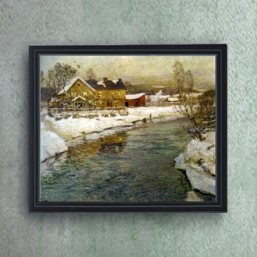 樂天商城 - 【油絵 直筆仕上げ】フリット・タヴロー 雪の中の運河コテージ F20 【油彩 キャンバス シンプルフレーム】絵画 販売 20号 風景画 795×673mm 複製画 送料無料 プレゼント ギフト 開店祝い 開業祝い 退職祝い 新築祝い リビング 玄関 モダン 壁掛け