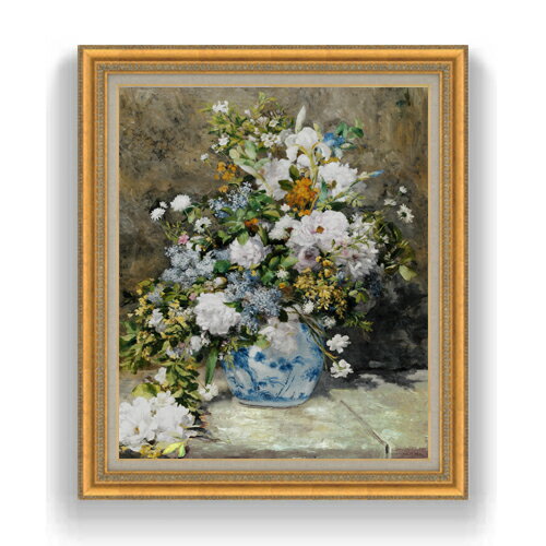 Rakuten - 【油絵 直筆仕上げ】ルノワール 春のブーケ F20 【油彩 国内生産 インテリア】絵画 販売 20号 静物画 ゴールド額縁 883×754mm 複製画 送料無料 プレゼント ギフト 開店祝い 開業祝い 退職祝い 新築祝い リビング 玄関 モダン 壁掛け