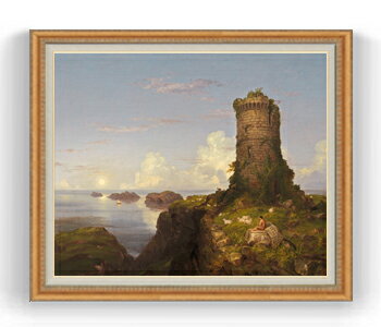 【油絵 直筆仕上げ】コール 廃墟の塔とイタリアの海岸 F30サイズ 【油彩 国内生産 インテリア】絵画 販売 30号 大きな絵画サイズ 額入り 風景画 額縁 1070×887mm 複製画 送料無料