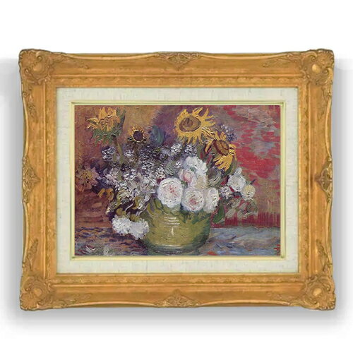 【油絵 直筆仕上げ】ゴッホ ひまわり、バラその他の花々のある器 F4 【アップグレ...
