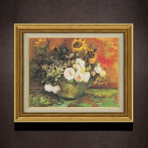 【油絵 直筆仕上げ】ゴッホ ひまわり、バラその他の花々のある器 F6 【アップグレード額】 絵画 販売 6号 油彩 静物画 558×467mm 複製画 送料無料 プレゼント ギフト 開店祝い 開業祝い 退職祝い 新築祝い リビング 玄関 モダン アートフレーム 壁掛け