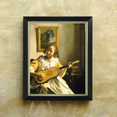 【油絵 直筆仕上げ】フェルメール ギターを弾く女 F6 【シンプルフレーム】 絵画 販売 6号 油彩 人物画..