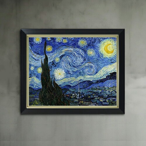 【油絵 直筆仕上げ】ゴッホ 星月夜 F6 【シンプルフレーム】 絵画 販売 6号 油彩 風景画 440×348mm 複製画 送料無料 プレゼント ギフト..