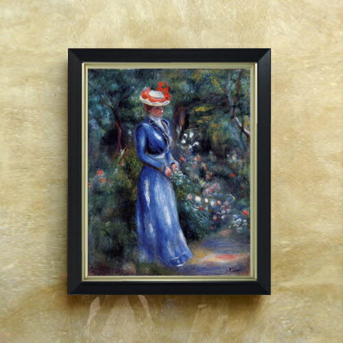 【油絵 直筆仕上げ】ルノワール 青いドレスの女、サン＝クルーの庭にて F6 【シンプルフレーム】 絵画 ..