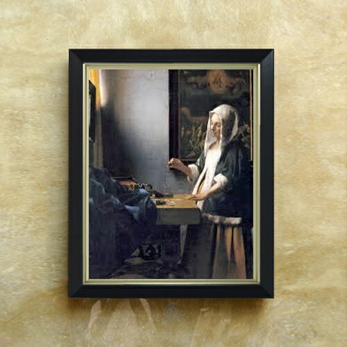 【油絵 直筆仕上げ】フェルメール 天秤を持つ女 F6 【シンプルフレーム】 絵画 販売 6号 油彩 人物画 440×348mm 複製画 送料無料 プレゼント ギフト 開店祝い 開業祝い 退職祝い 新築祝い リビング 玄関 モダン アートフレーム 壁掛け