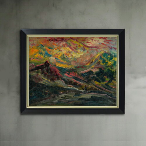Rakuten - 【油絵 直筆仕上げ】ビンチャン 山の夕日 F6 【シンプルフレーム】 絵画 販売 6号 油彩 抽象画 440×348mm 複製画 送料無料 プレゼント ギフト 開店祝い 開業祝い 退職祝い 新築祝い リビング 玄関 モダン アートフレーム 壁掛け