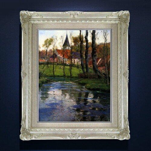 【油絵 直筆仕上げ】フリット・タヴロー 川沿いの旧教会 F6 【額入り】 絵画 販売 6号 油彩 風景画 552×461mm 複製画 送料無料 プレゼント ギフト 開店祝い 開業祝い 退職祝い 新築祝い リビング 玄関 モダン アートフレーム 壁掛け