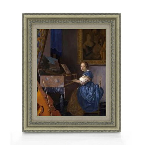 人物畫 - 【油絵 直筆仕上げ】フェルメール ヴァージナルの前に座る女 F6 【額入り】 絵画 販売 6号 油彩 人物画 558×467mm 複製画 送料無料 プレゼント ギフト 開店祝い 開業祝い 退職祝い 新築祝い リビング 玄関 モダン アートフレーム 壁掛け