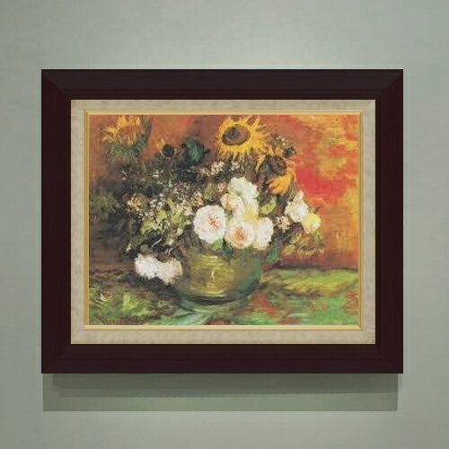Rakuten - 【油絵 直筆仕上げ】ゴッホ ひまわり、バラその他の花々のある器 F6 【額入り】 絵画 販売 6号 油彩 静物画 556×465mm 複製画 送料無料 プレゼント ギフト 開店祝い 開業祝い 退職祝い 新築祝い リビング 玄関 モダン アートフレーム 壁掛け