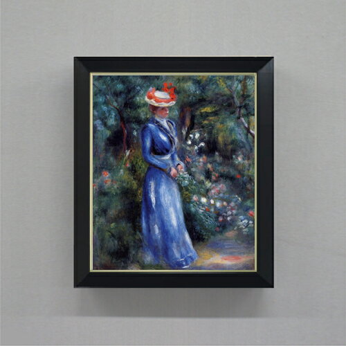 【油絵 直筆仕上げ】ルノワール 青いドレスの女、サン＝クルーの庭にて F8 【シンプルフレーム】 絵画 ..