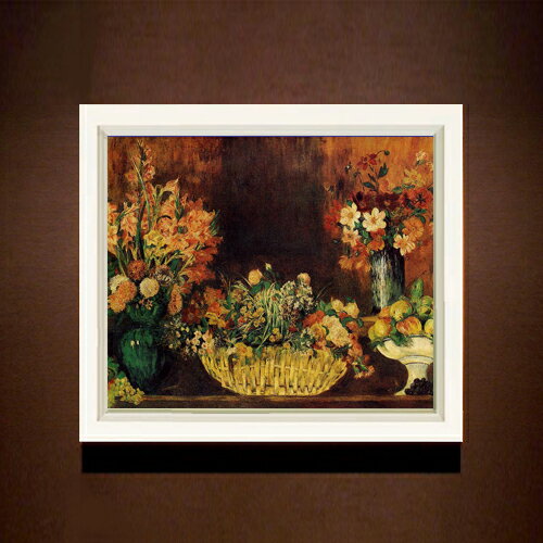 【油絵 直筆仕上げ】ルノワール 花と果実のバスケット F8 【シンプルフレーム】 絵画 販売 8号 油彩 風景画 485×410mm 複製画 送料無料 プレゼント ギフト 開店祝い 開業祝い 退職祝い 新築祝い リビング 玄関 モダン アートフレーム 壁掛け