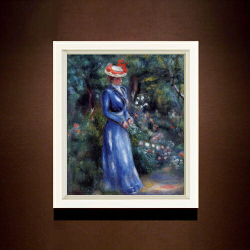 【油絵 直筆仕上げ】ルノワール 青いドレスの女、サン＝クルーの庭にて F8 【シンプルフレーム】 絵画 販売 8号 油彩 風景画 485×410mm 複製画 送料無料 プレゼント ギフト 開店祝い 開業祝い 退職祝い 新築祝い リビング 玄関 モダン アートフレーム 壁掛け