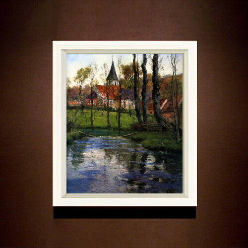 【油絵 直筆仕上げ】フリット・タヴロー 川沿いの旧教会 F8 【シンプルフレーム】 絵画 販売 8号 油彩 風景画 485×410mm 複製画 送料無料 プレゼント ギフト 開店祝い 開業祝い 退職祝い 新築祝い リビング 玄関 モダン アートフレーム 壁掛け