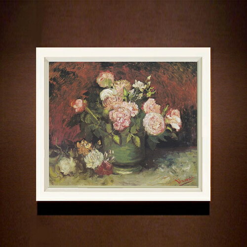 【油絵 直筆仕上げ】ゴッホ ボタンとバラのある器 F8 【シンプルフレーム】 絵画 販売 8号 油彩 風景画 485×410mm 複製画 送料無料 プレゼント ギフト 開店祝い 開業祝い 退職祝い 新築祝い リビング 玄関 モダン アートフレーム 壁掛け