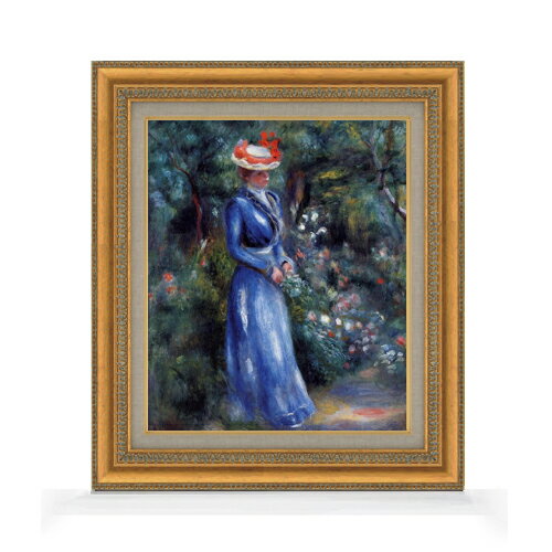 【油絵 直筆仕上げ】ルノワール 青いドレスの女、サン＝クルーの庭にて F8 【額入り】 絵画 販売 8号 ..