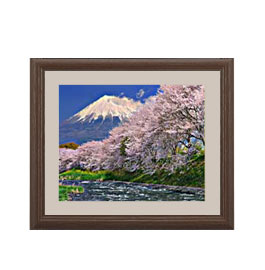 【油絵 直筆仕上げ】富士山-桜- アートフレーム：色ブラウン サイズ 額入りS 321×271mm 【軽量フレーム・額表面保護板】 油彩 風景画 オリジナルインテリア絵画 風水画 壁掛け