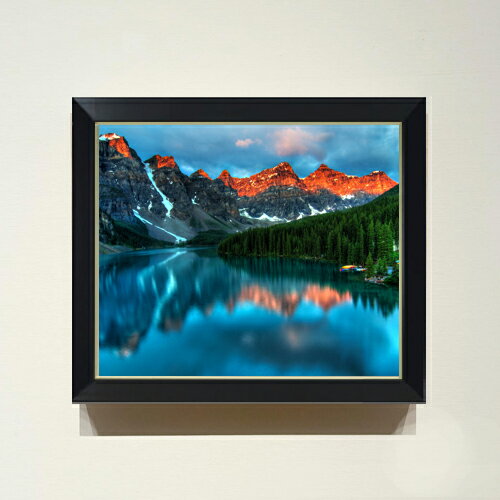 【油絵 直筆仕上げ】アルバータ、美しき湖畔 F8サイズ 額入り 【アップグレードフレーム】 油彩 風景画 オリジナルインテリア絵画 風水画 489×414mm 複製画 送料無料