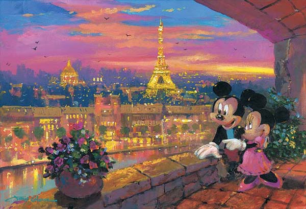 ディズニー絵画「ミッキー&ミニー/パリの夕日」限定195部 キャンバスジークレ額縁5種展開 作家サイン・作品証明書・展示用フック付【輸入品】