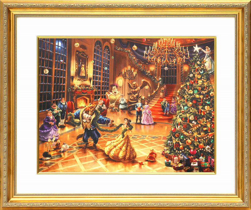 【レビュー特典付き】ディズニー/トーマス キンケード「美女と野獣/クリスマス セレブレーション」額縁2種選択可 作品証明書 展示用フック付アートプリントポスター...
