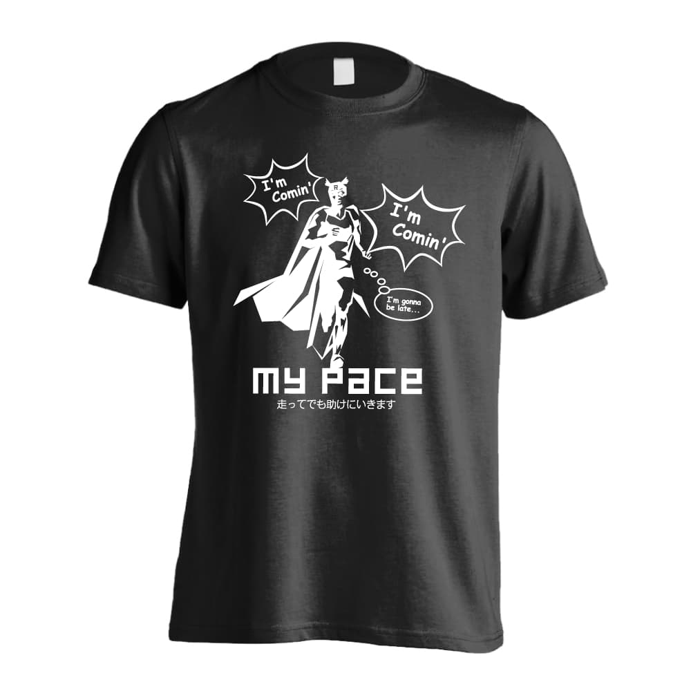 陸上競技 マラソン ランニング Tシャツ 半袖 メンズ レディース ジュニア 練習着 ドライ おもしろ tシャツ ふざけ 名入れ 文字入れ無料 「アメコミ風 I'm Comin' ラン編」 アートワークスコウベ 【送料無料】