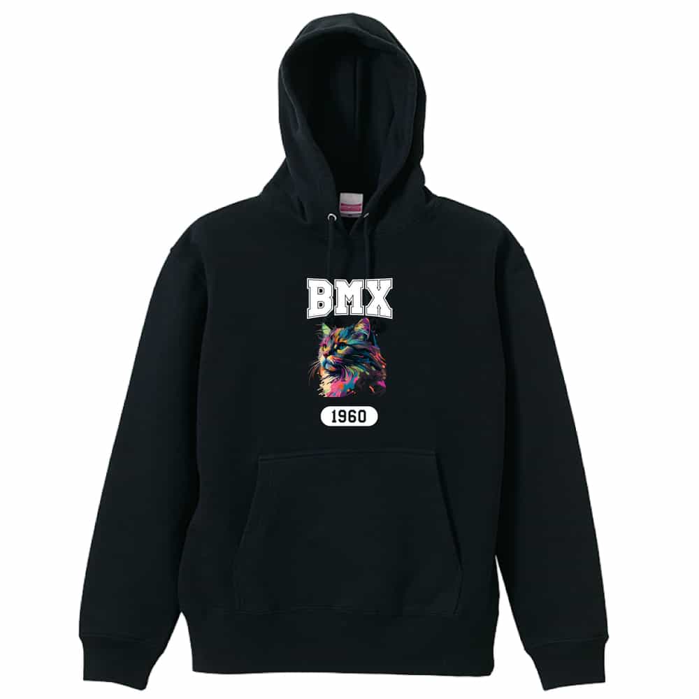 ビーエムエックス BMX パーカー プルオーバー メンズ レディース ジュニア 練習着裏パイル おもしろ tシャツ ふざけ 名入れ 文字入れ無料 「レトロなレインボー猫とBMXロゴ」 アートワークスコウベ 【送料無料】