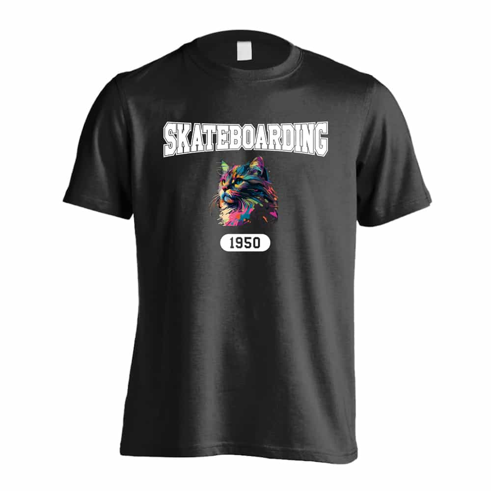 スケボー スケートボード Tシャツ 半袖 メンズ レディース ジュニア 練習着 ドライ おもしろ tシャツ ふざけ 名入れ 文字入れ無料 「レトロなレインボー猫とSKATEBOADINGロゴ」 アートワークスコウベ 