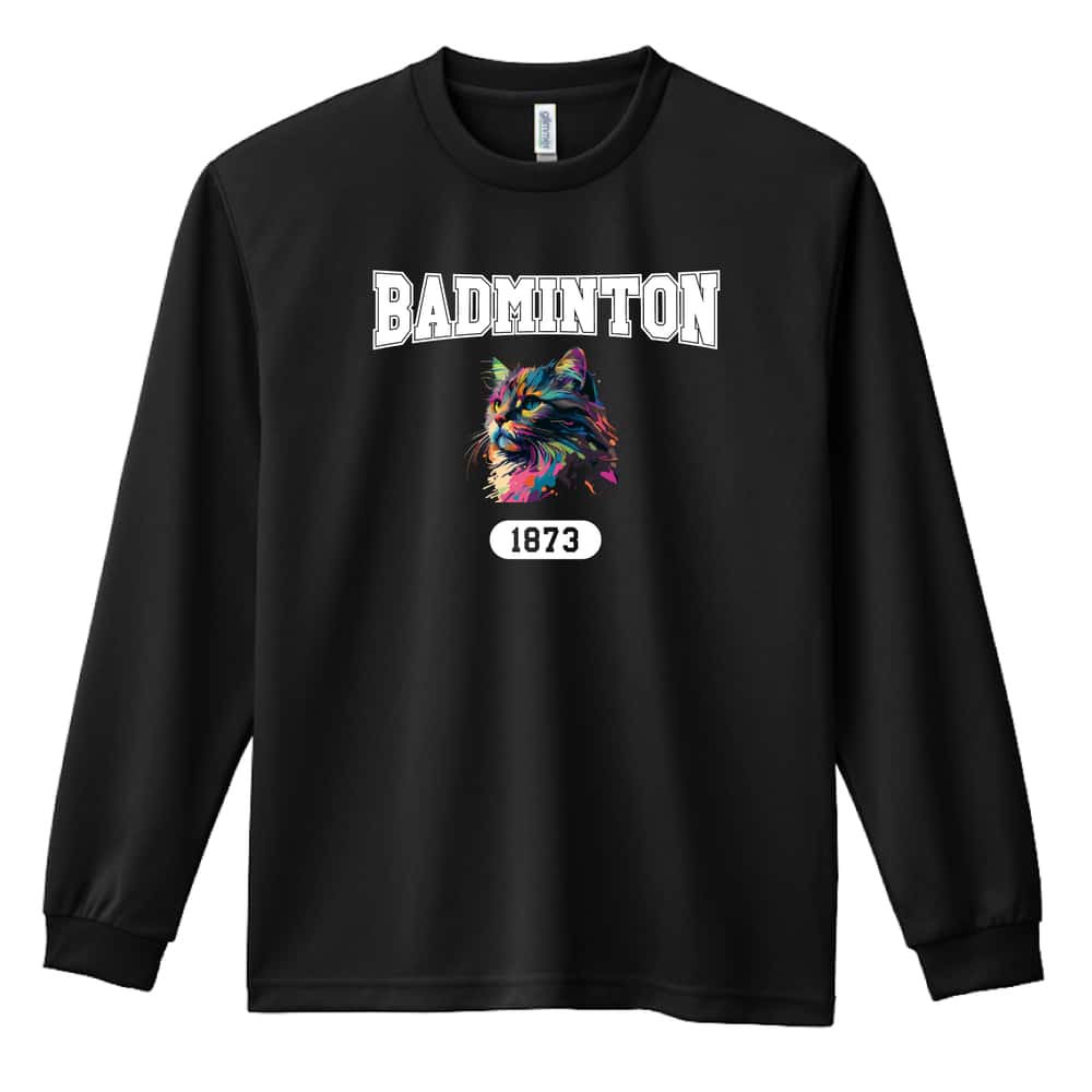 バドミントン ロンT 長袖Tシャツ メンズ レディース ジュニア 練習着 ドライ おもしろ tシャツ ふざけ 名入れ おしゃれ キッズ 文字入れ無料 「レトロなレインボー猫とBADMINTONロゴ」 アートワークスコウベ 【送料無料】