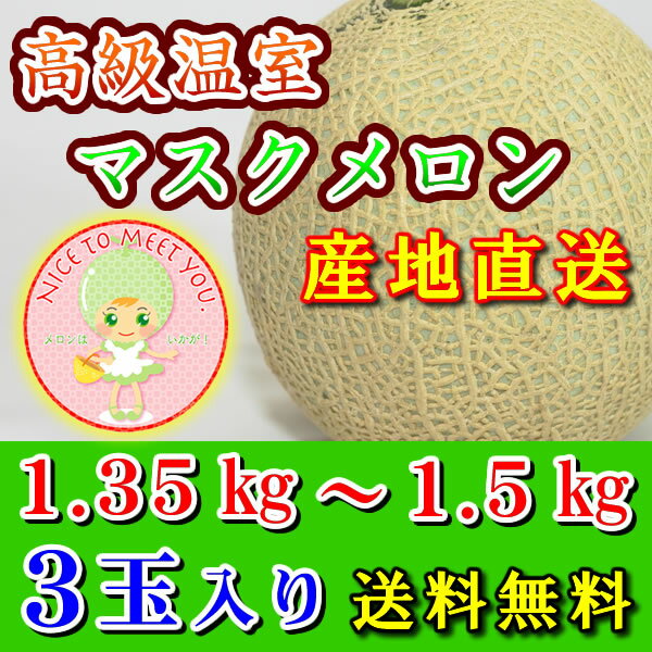 【送料無料／産地直送】果肉がギュ！ 愛知県渥美産 温室メロン 渥美メロン　1.35〜1.5kg 3玉【お中元 ..